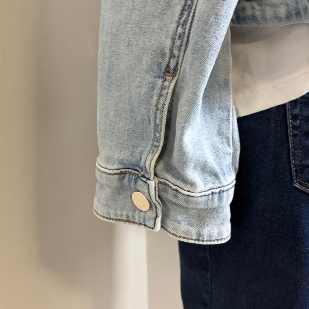 White House Black Market Cinched Waist Denim Jacket Peplum Front Zip Sz L - Picture 8 of 14